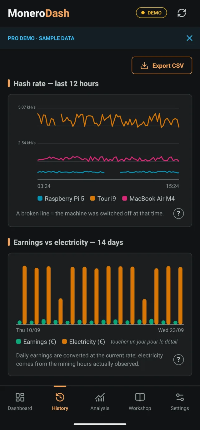 Pro history: hash rate per worker, earnings against electricity, CSV export