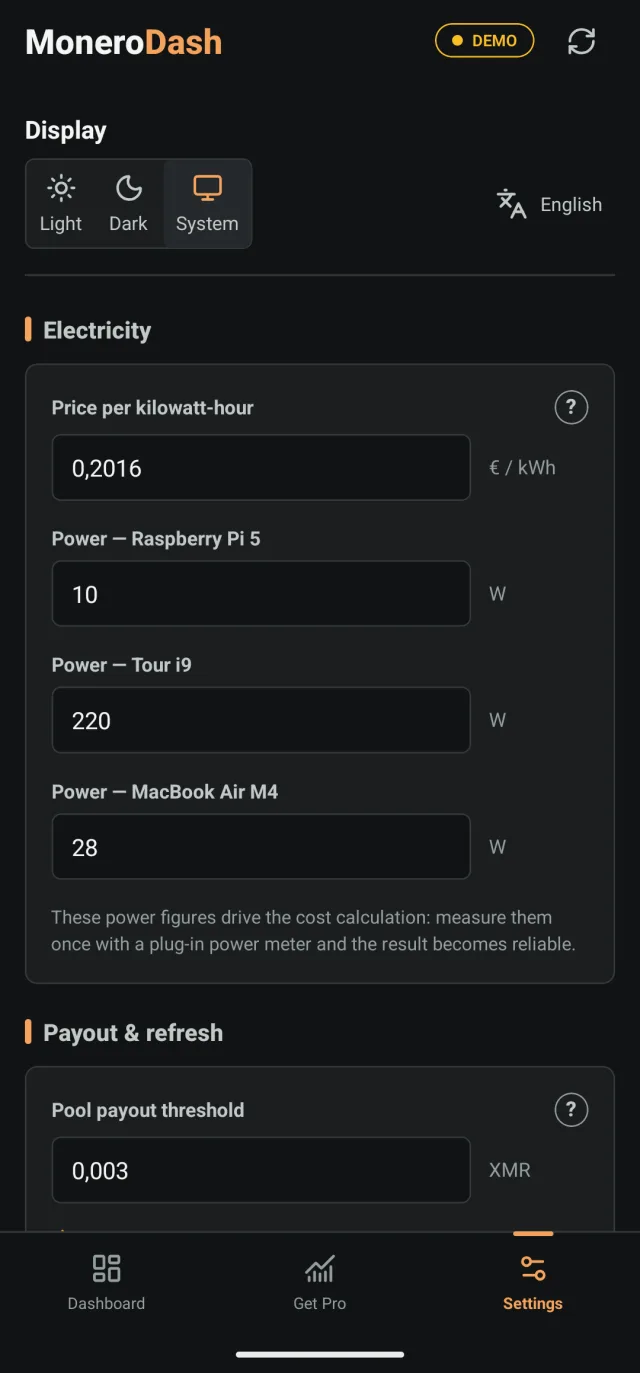 Settings: display, language, kWh price and power per machine