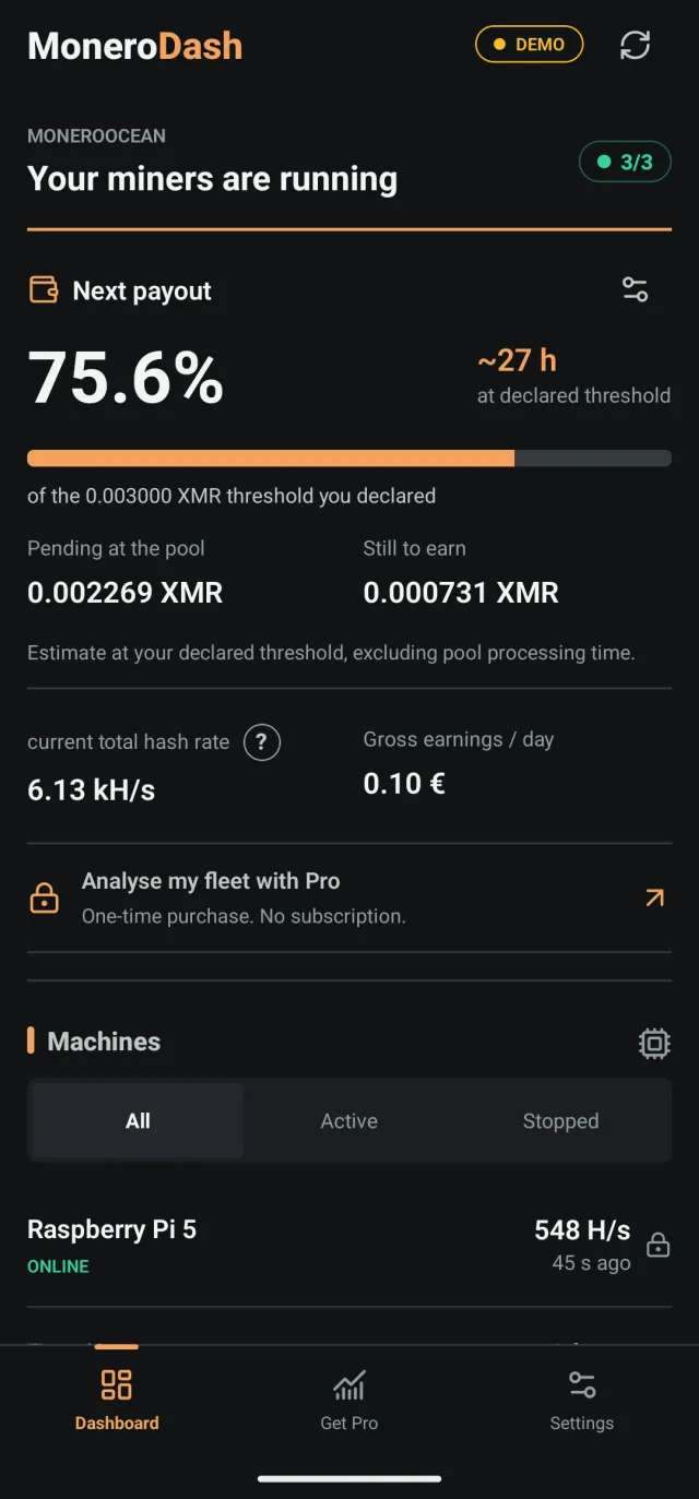 MoneroDash dashboard: progress to the next payout, hash rate and daily earnings