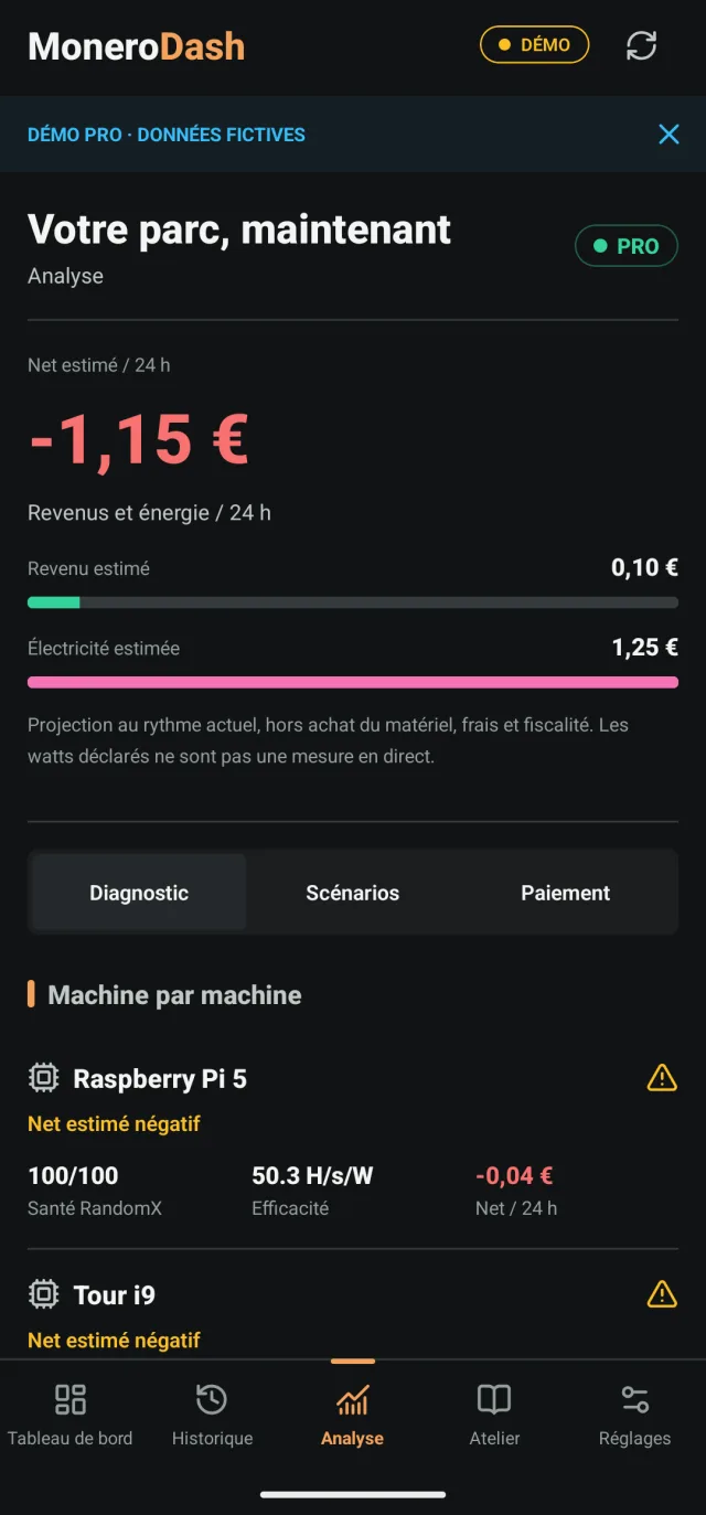 Analyse Pro : net estimé sur 24 h, revenus et électricité, diagnostic machine par machine