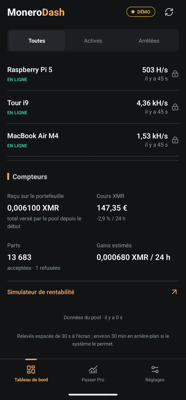 Liste des machines en ligne et compteurs du pool