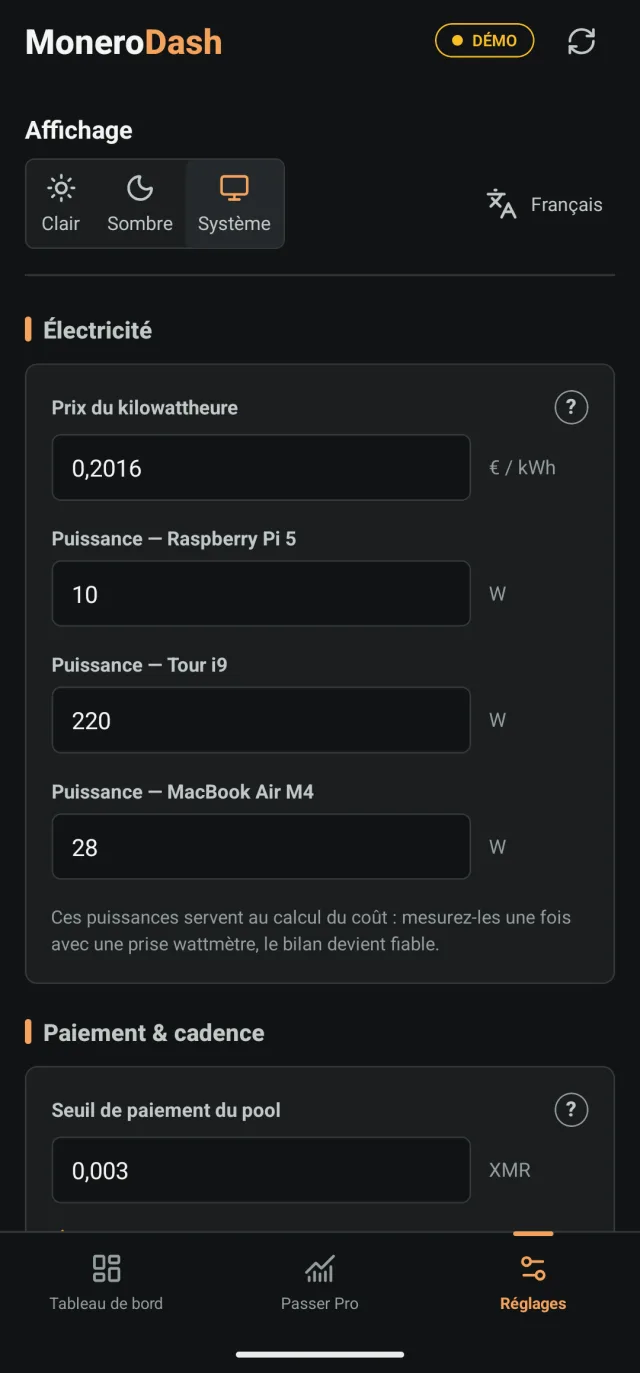 Réglages : affichage, langue, prix du kWh et puissance de chaque machine