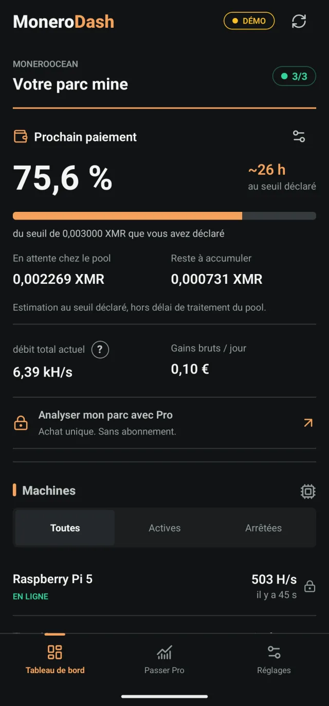 Tableau de bord de MoneroDash : progression vers le prochain paiement, débit et gains du jour